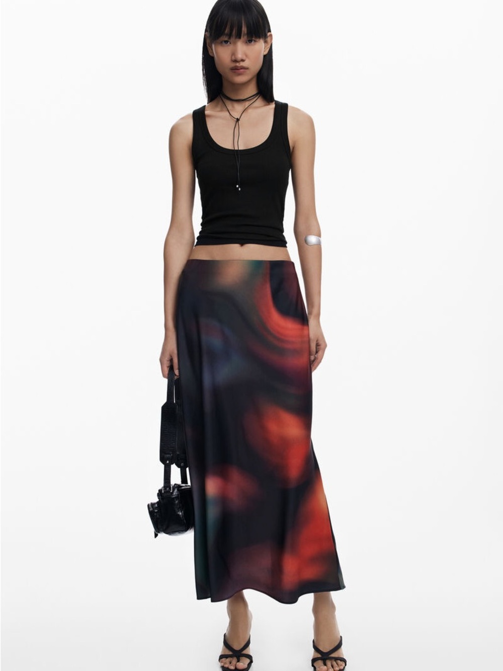 Desigual Black and Red Abstract Satin Maxi Skirt